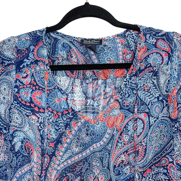 Lucky Brand Blue & Red Paisley Print Split Neck Semi-sheer Blouse Xsmall Women’s - Picture 2 of 9